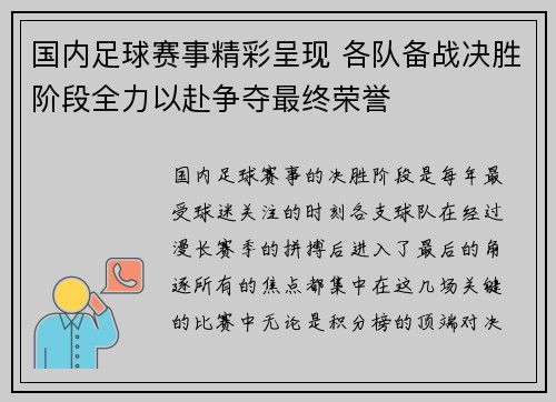 国内足球赛事精彩呈现 各队备战决胜阶段全力以赴争夺最终荣誉